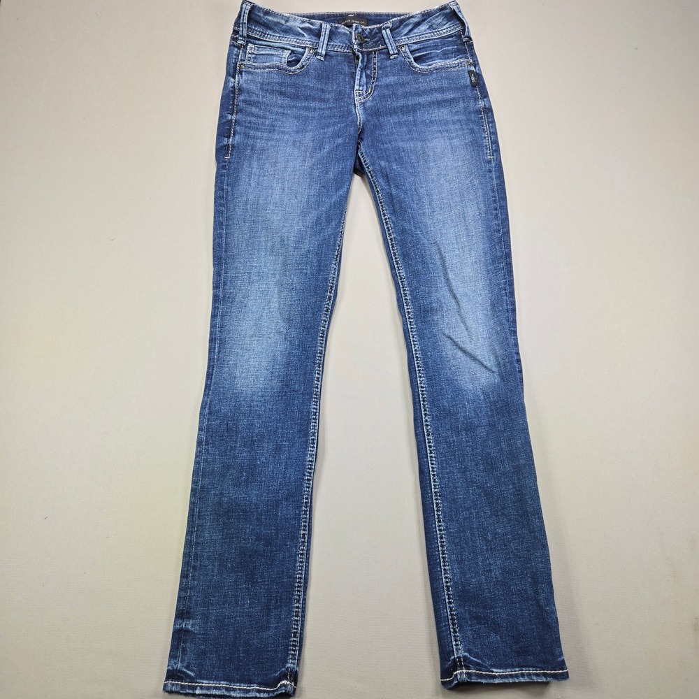 Silver Jeans Elyse Straight Leg Mid Rise Embroidered Blue W26 L32 Womens 26x32